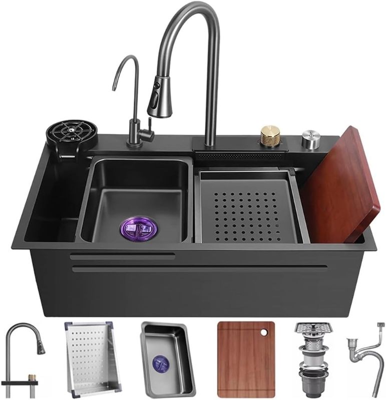 Photo 1 of Stainless Steel Single-Bowl Kitchen Sink Multifunctional Waterfall Sink Nano-Coated Workstation Sink with Waterfall Pull-Down Faucet and Complete Accessory Set (Size : 80x45x22cm) (75x45x22cm)