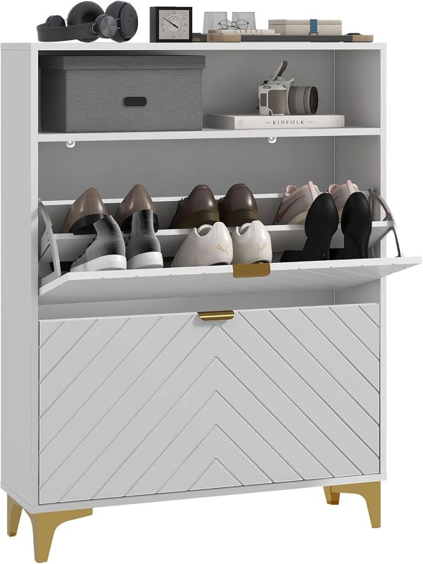 Photo 1 of HOMCOM Narrow Shoe Storage Cabinet, Shoe Organizer with 2 Flip Drawers, Slim Shoe Rack with Adjustable Shelves, Open Shelf, Steel Legs and 2 Vents for Entryway, Hallway, White