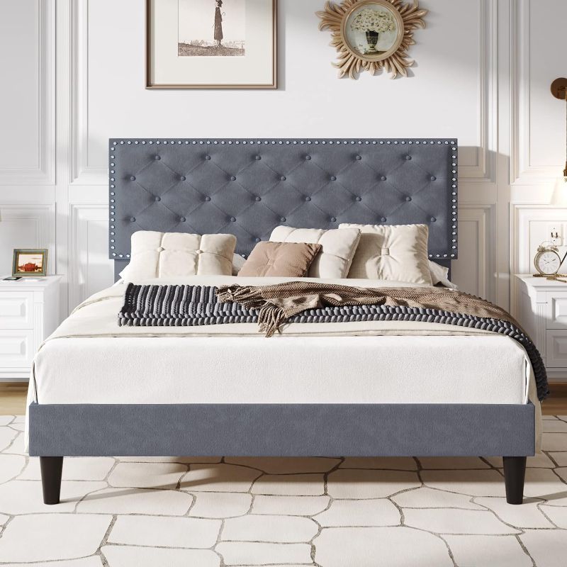 Photo 1 of SHA CERLIN Queen Size Velvet Bed Frame with Adjustable Headboard, Diamond Button Tufted and Rivet Decor, No Box Spring Needed, Silver Grey