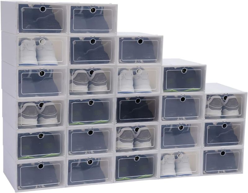 Photo 1 of LOYALHEARTDY 24 PCS Shoe Storage Boxes Plastic Shoe Boxes with Lids Clamshell Clear Shoe Boxes Stackable Foldable Shoe Sneaker Containers Home Shoe Organizer For Sneaker Storage Easy Assembly