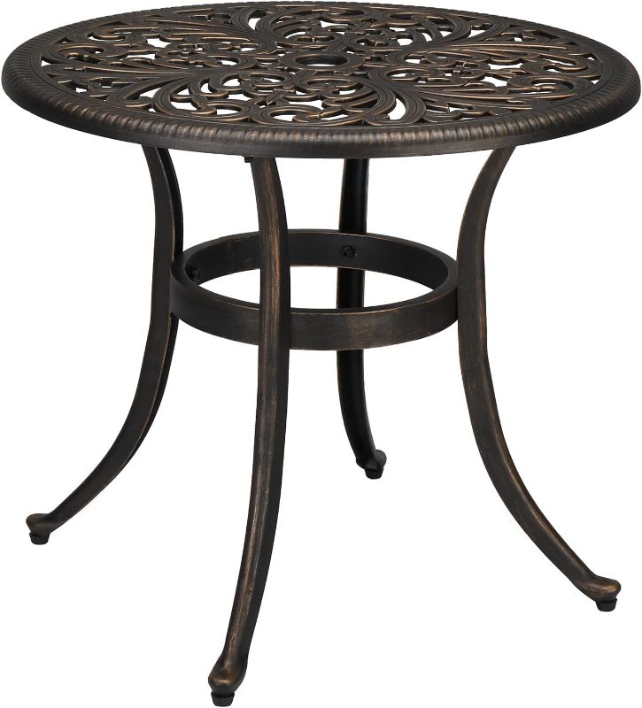 Photo 1 of Outvita Patio Side Table, 23.6in Outdoor Round Cast Aluminum Bistro Table with Umbrella Hole and Antique Design for Backyard Porch Pool Balcony Deck Bronze