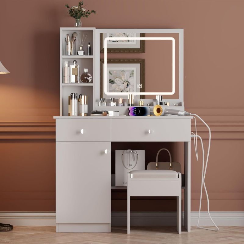 Photo 1 of Vanity Desk with Charging Station, Makeup Vanity with Mirror & Lights, Dressing Table Chair Set with Large Storage Space, Detachable Divider Drawer