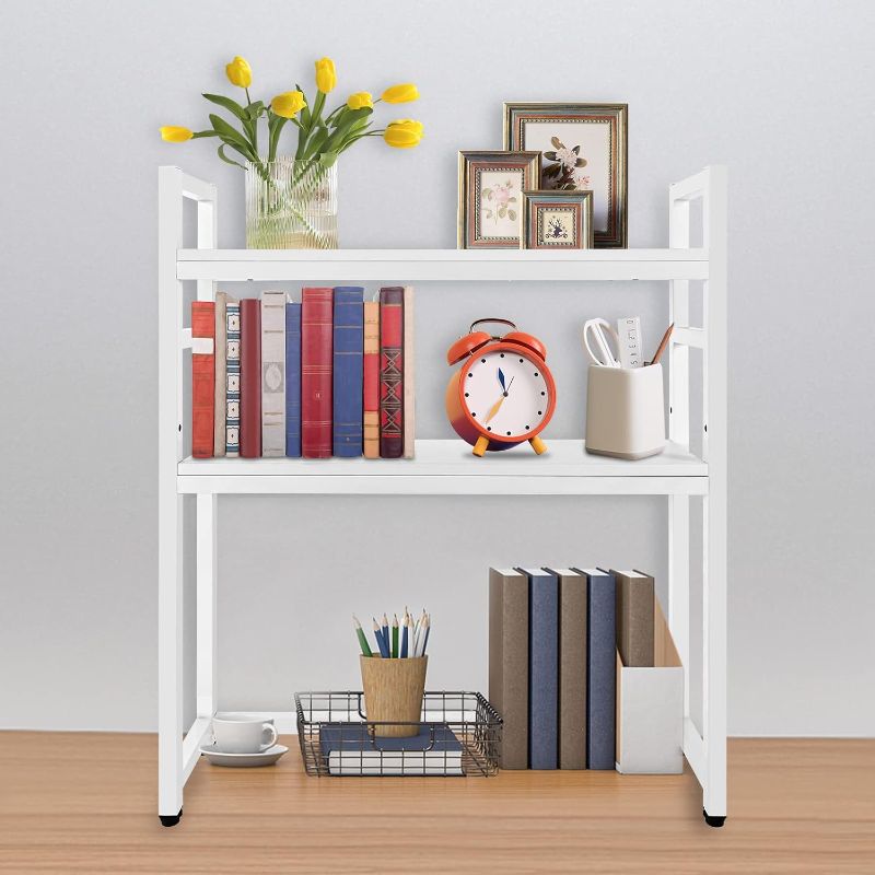 Photo 1 of 2-Tier Desktop Bookcase, Adjustable Multipurpose Countertop Display Shelf Easy to Install, Deaktop Organizer for Living Rooms, Bedrooms, Offices (White)