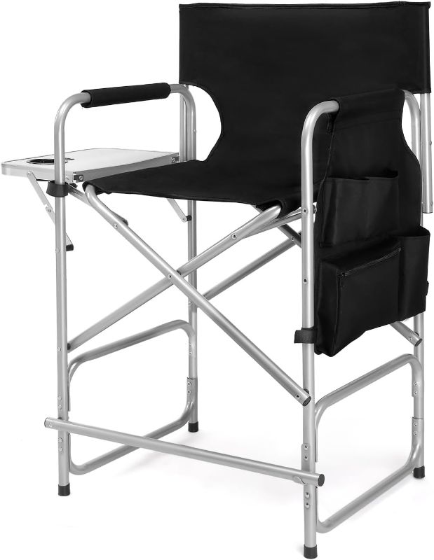 Photo 1 of mefeir 26" Tall Folding Directors Chair with Side Table,Portable Makeup Artist Bar Height, Steel Frame 300 lbs Capacity, 19.2" D x 23.6" W x 40.5" H,Black