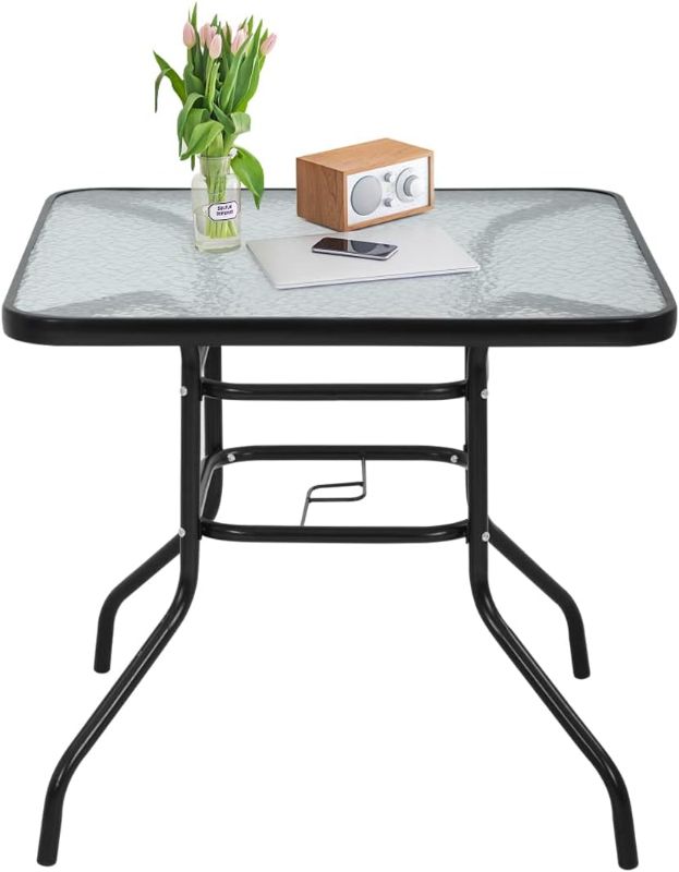 Photo 1 of Outdoor Dining Table with Umbrella Hole, Patio Dining Table 32 inches Square Tempered Glass Metal Table Dining Bistro Table Furniture Set for Balcony, Backyard, Poolside, Sunroom, Black