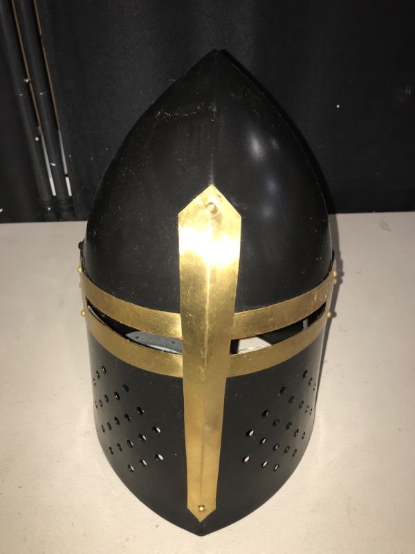 Photo 2 of Medieval Knight Crusader Armour Helmet Black and Brass Design Helmet Barbuta Helmet Knights Barbuta Helmet Armour A+