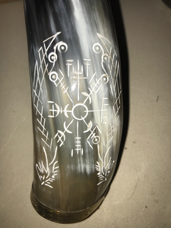 Photo 2 of Norse Viking Icelandic Vegvisir Jormungandr Engraved Drinking Horn - Medieval Prop Viking Horn & Hand Carved - Viking Horn w/Brass Accents