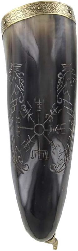 Photo 1 of Norse Viking Icelandic Vegvisir Jormungandr Engraved Drinking Horn - Medieval Prop Viking Horn & Hand Carved - Viking Horn w/Brass Accents