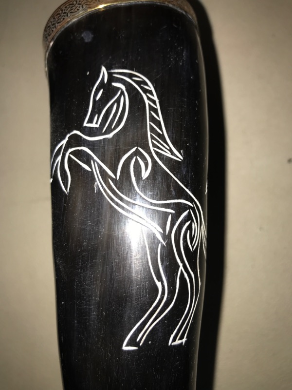 Photo 2 of 300-400ml Stallion Drinking Horn | Comes with Intricately Decorated Brass rim on mouth & Ends | Engraved Stallion Design for an Elite Medieval Look