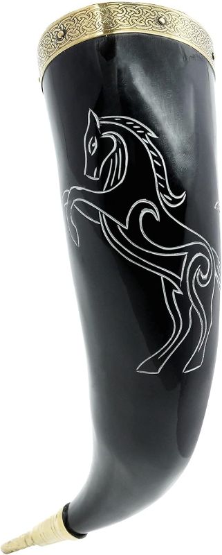Photo 1 of 300-400ml Stallion Drinking Horn | Comes with Intricately Decorated Brass rim on mouth & Ends | Engraved Stallion Design for an Elite Medieval Look
