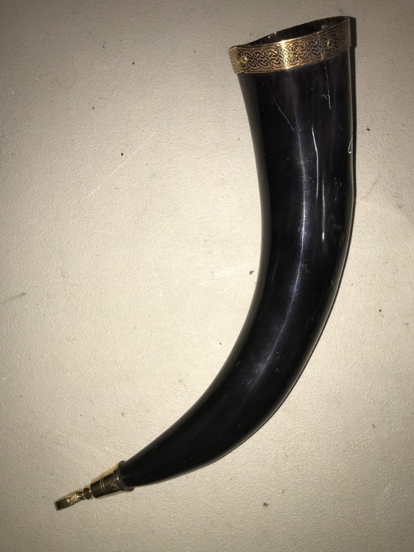 Photo 3 of 300-400ml Stallion Drinking Horn | Comes with Intricately Decorated Brass rim on mouth & Ends | Engraved Stallion Design for an Elite Medieval Look