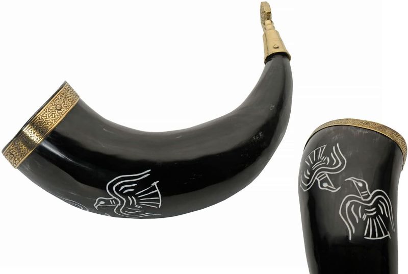 Photo 1 of 12-15oz Oden's Raven Black/Brass Horn Viking/Medieval Style Beer/Mead/Grog/Wine Drinking Horn