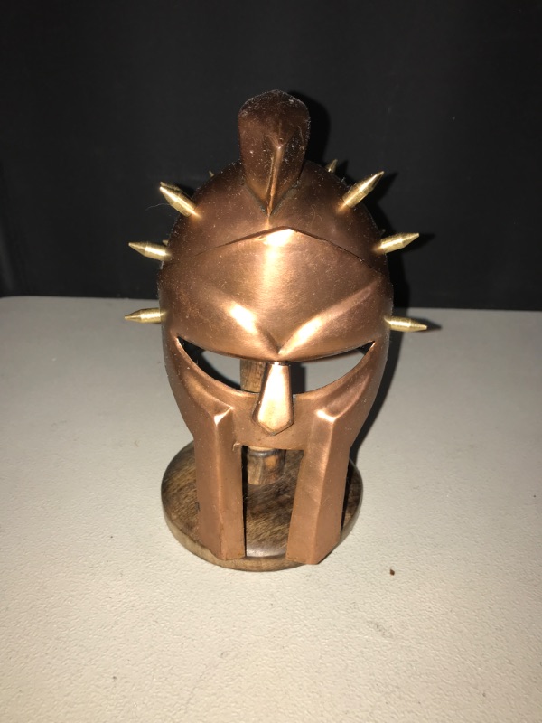 Photo 2 of Medieval Antique Gladiator Helmet for Desk Maximus Viking Helmet Ancient Mini Armor Helmet Face Mask Table Top for Office and Home Rustic Vintage Copper Antique with Stand