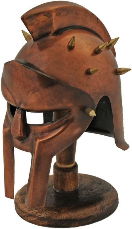 Photo 1 of Medieval Antique Gladiator Helmet for Desk Maximus Viking Helmet Ancient Mini Armor Helmet Face Mask Table Top for Office and Home Rustic Vintage Copper Antique with Stand