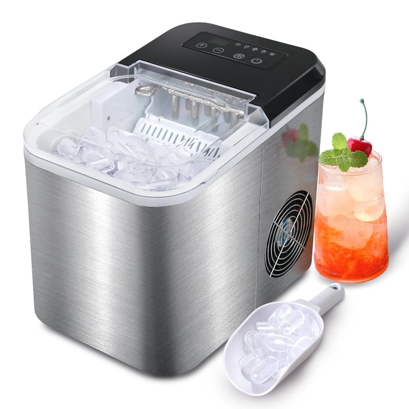 Photo 1 of Countertop Ice Maker, 9 pcs/6 mins, 2 Sizes, 33 lbs/Day, Self-Cleaning Portable Ice Maker with Ice Scoop and Basket for Home/Camping/Kitchen/Party (Stainless Steel)