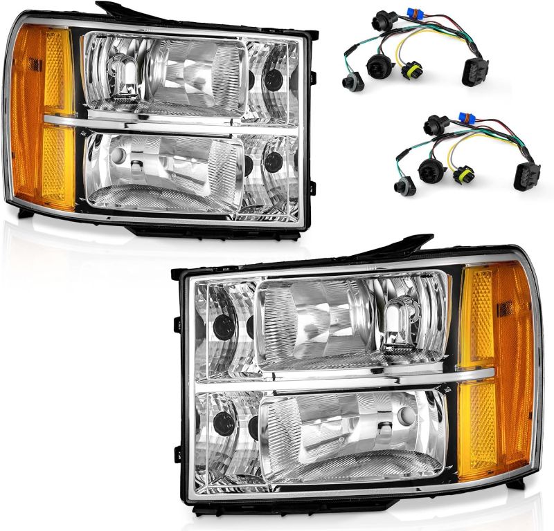 Photo 1 of for 2007-2013 Sierra Headlights for 07-13 GMC Sierra 1500/07-14 Sierra 2500 HD 3500 HD Headlamp Chrome Housing Amber Reflector Left+Right wiring harness included