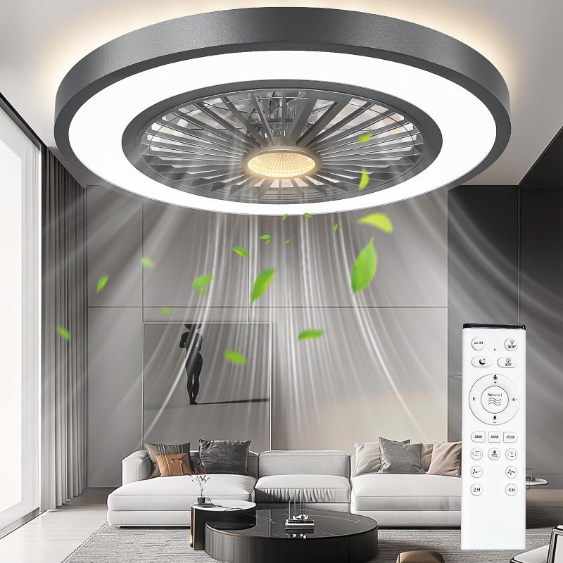 Photo 1 of 22'' Ceiling Fans with Lights and Remote, DC Motor Stepless Dimmable Ceiling Fans with Night Light, 3000-6500K Color Temperature Celing Fan with Light Flush Mount with 6 Speeds Black