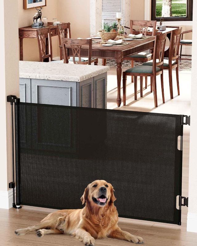 Photo 1 of Cumbor Baby Gate Retractable Gates for Stairs, Mesh Dog Gate for The House, Wide Pet Gate 33" Tall, Extends to 55" Wide, Long Child Safety Gates for Doorways, Hallways, Cat Gate Indoor/Outdoor(Black)