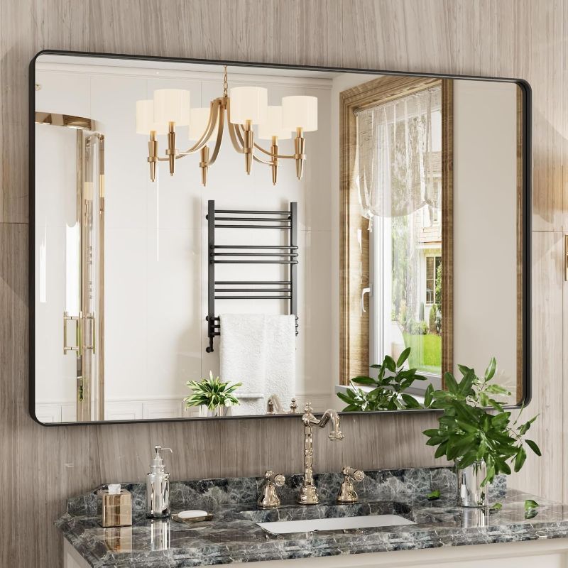 Photo 1 of 48x32 Inch Black Bathroom Mirror Wall Mounted, Rounded Rectangle Matte Black Framed Mirror, Black Bathroom Vanity Mirror, Tempered Glass, Anti-Rust, Horizontal/Vertical