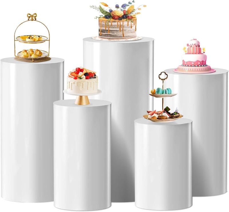 Photo 1 of Cylinder Stands for Party Set of 5, White Round Pedestal Stands,Metal Material Cylinder Pedestal Stand ,Display Cake Cylinder Stand for Party,Wedding,Birthday,Event Decor