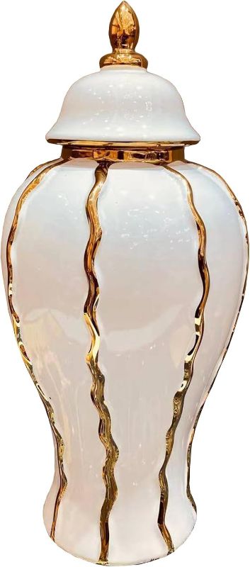 Photo 1 of 14" Ceramic Ginger jar vase electroplated Striped Pattern Gold Edged White Ginger jar Decorative vase with lid Suitable for Home, Office, Table, Living Room, Bookshelf (14in)