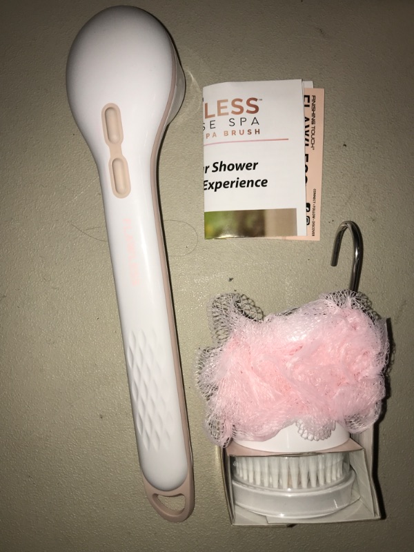 Photo 3 of Flawless Cleanse Spa Shower Wand - Cordless Spinning Bath Brush with 4 Attachments - Loofah, Cleansing, Massage, Pumice Stone Heads