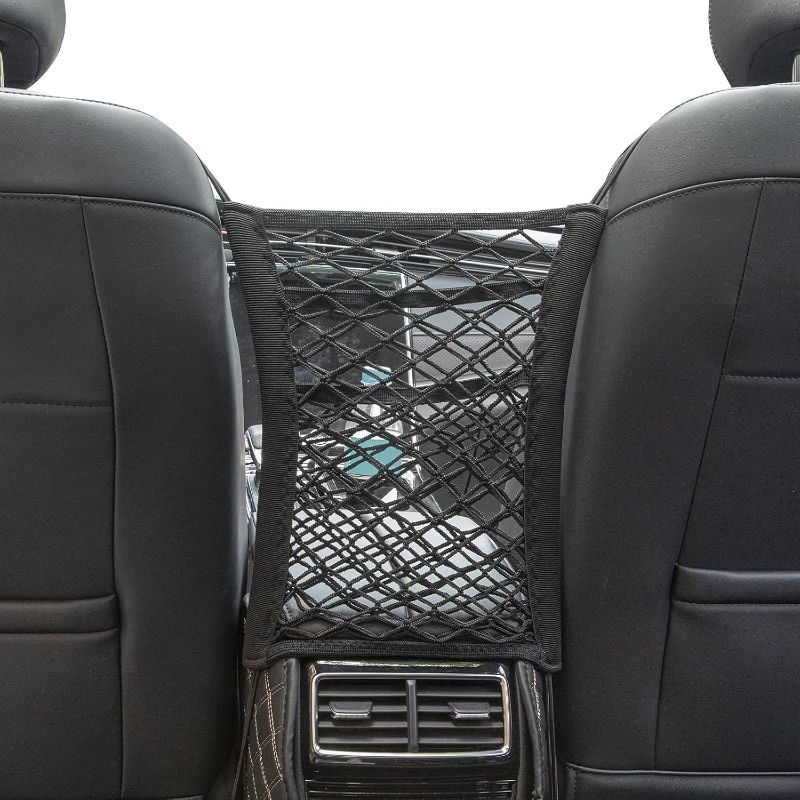 Photo 1 of 3 Layer Car Net Pocket, Car Net Pocket Handbag Holder, Four-Side Elasticity Car Purse Net, Car Net Barrier between Front Seats for Backseat Kids Dogs or Pets (2x pcs)