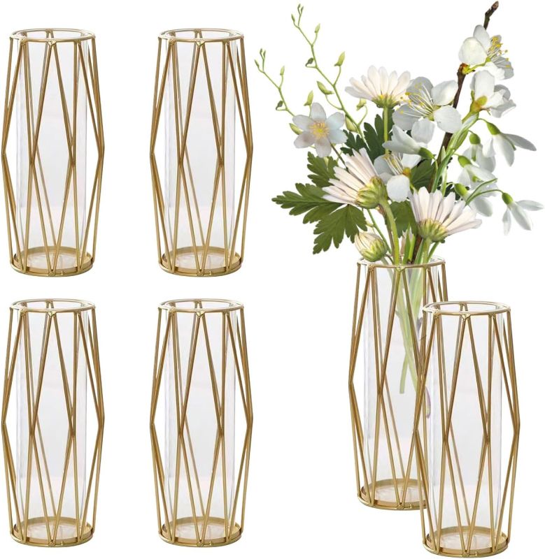 Photo 1 of 12 PCS Metal Geometric Candle Holders Vases Gold, 11Inch Gold Vases Home Decor, Wide Big Tall Geometric Vases for Flowers, for Centerpieces Dining Room Table Wedding