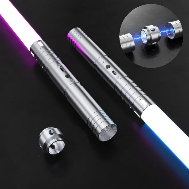 Photo 1 of Dueling Lightsaber for Kids-15 RGB Colors Changeable Light Sabers with 4 Modes Fx Battle Sound Metal Hilt?2 in 1 Lightsabers for Kids Adults Halloween Christmas Cosplay (2 Pack Silver)