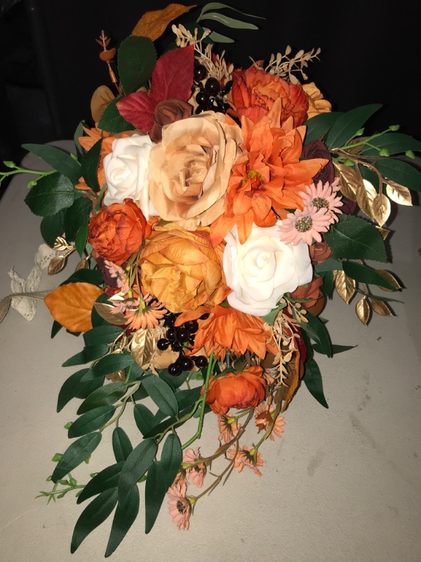 Photo 2 of Ansofi 11" Burnt Orange Wedding Bouquets for Bride Rustic Boho Cascading Bridal Bouquet Flowers for Fall Vintage Wedding Party Ceremony Decor