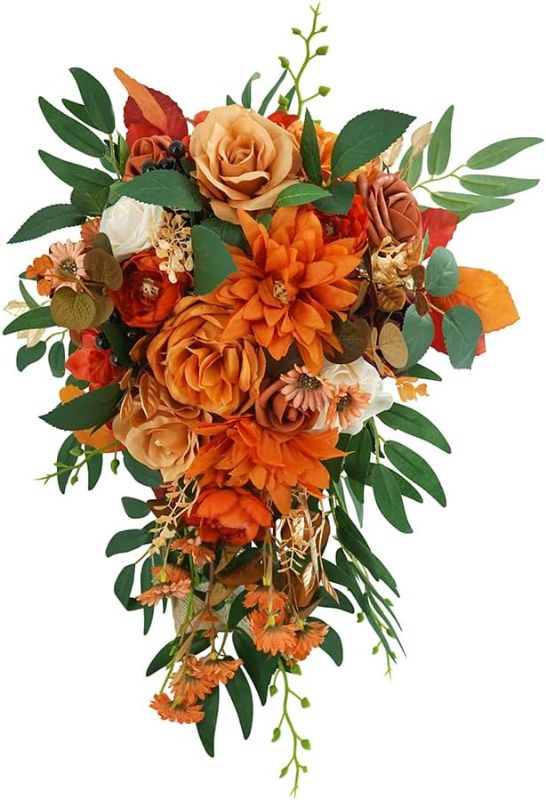 Photo 1 of Ansofi 11" Burnt Orange Wedding Bouquets for Bride Rustic Boho Cascading Bridal Bouquet Flowers for Fall Vintage Wedding Party Ceremony Decor