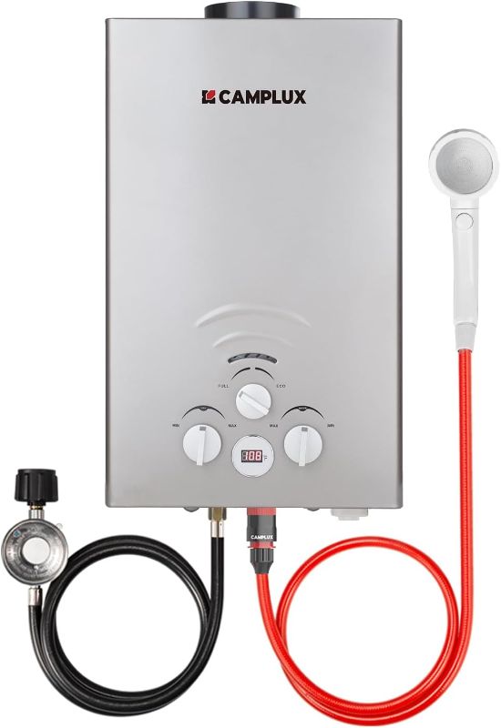 Photo 1 of CAMPLUX Tankless Water Heater, 2.11GPM Portable Water Heater for Camping, 55,000 BTU Propane Hot Water Heater Outdoor, BW211G, Grey