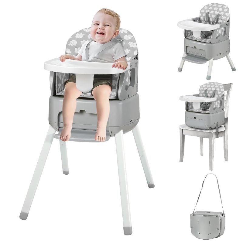 Photo 1 of 
Roll over image to zoom in
4 in 1 Portable Baby High Chair,Convertible Highchair for Babies & Toddlers-Foldable Infant Booster Seat,Carry Small Box,Dining Chair,Toddler High Chair with 5-Point Harness,Removable Tray-Grey