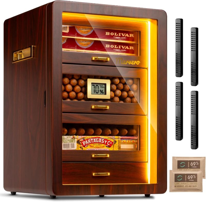 Photo 1 of Cigar Humidor, Desktop Cigar Humidor Cabinet Triple-Sided Light with Digital Hygrometer, Humidifier and Humidity Packs. 4 Ceder Wood Drawers, Cigar Humidor Box can hold 200 Cigars. Present for Men