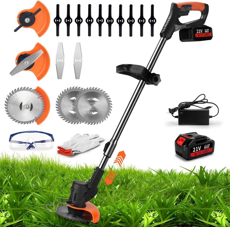 Photo 1 of Wacker Battery Operated, 3 in 1 Cordless Grass Trimmer with 3 Types Blades and Rechargeable No String Weed Wacker for Lawns Includes 1 * 3.0ah Battery with Charger