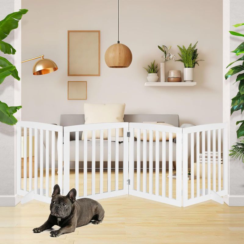 Photo 1 of Dog Gate, 4 Panels Foldable Pet Gate with 2PCS Support Feet, 24" Height Dog Fence Free Standing Wooden Pet Gates for House Doorways Indoor Outdoor Stairs with Rubber Pads White