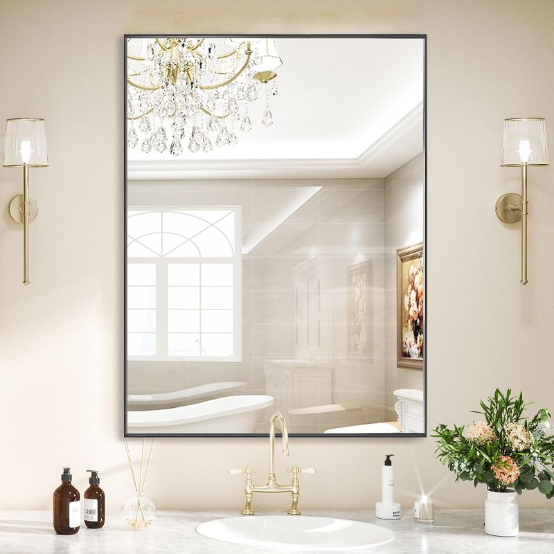 Photo 1 of 24x30 Inch Black Bathroom Mirror, Copper-Free Mirror, Aluminum Alloy Frame Vanity Mirror, Rectangle Wall Mounted Mirror, Modern Mirror for Bedroom/Living Room/Porch Horizontal or Vertical