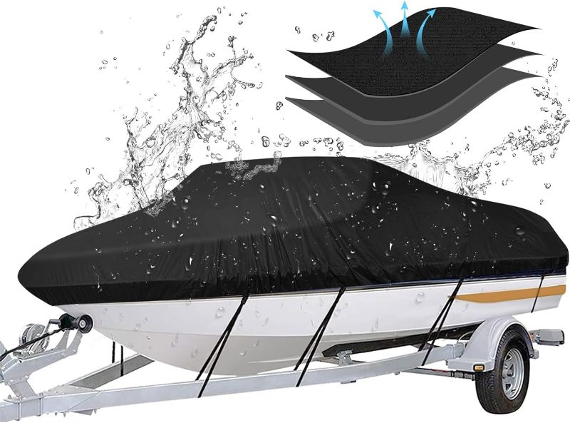 Photo 1 of iCOVER Trailerable Boat Cover- 17'-19' Waterproof Heavy Duty Boat Cover, Fits V-Hull,Fish&Ski,Pro-Style,Fishing Boat,Runabout,Bass Boat, up to 17ft-19ft Long X 96" Wide