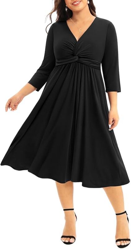 Photo 1 of ( S 14 ) Pinup Fashion Women's Plus Size Twist Knot Front V Neck 3/4 Sleeve A-line Wedding Guest Color Black