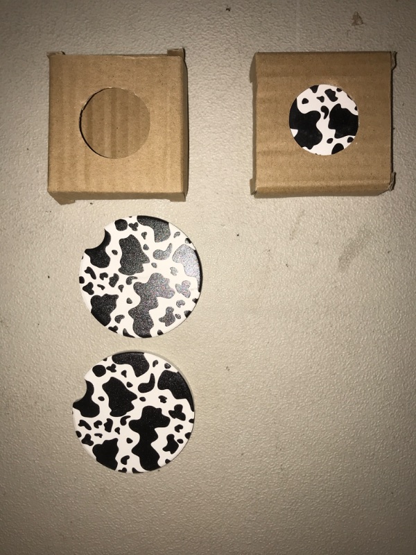 Photo 2 of 2x Cute Cow Print Animal Themed Black and White Ceramic Cup Holders Car Coasters Set for Women/Men,Drink Cup Car Holder Coasters with A Finger Notch 2.56" Pack of 2