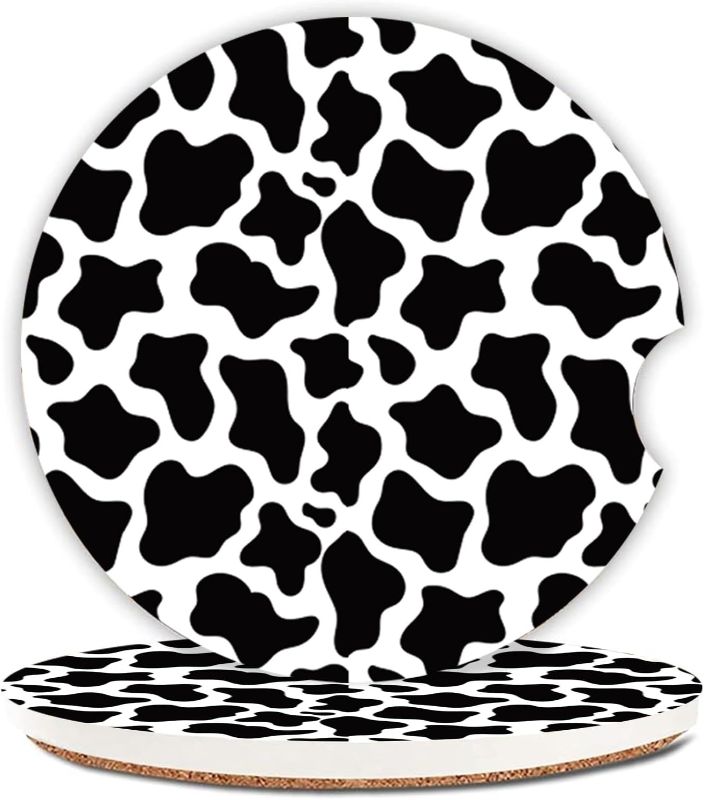 Photo 1 of 4x Cute Cow Print Animal Themed Black and White Ceramic Cup Holders Car Coasters Set for Women/Men,Drink Cup Car Holder Coasters with A Finger Notch 2.56" Pack of 2