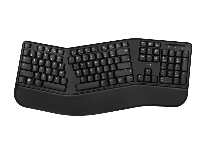 Photo 1 of Monoprice Ergonomic Wireless Split 105-Key Keyboard, 2.4GHz Wireless, 13 Multimedia Hotkeys Functions, Auto?Power Save Mode, Built?in Wrist Cushion Support