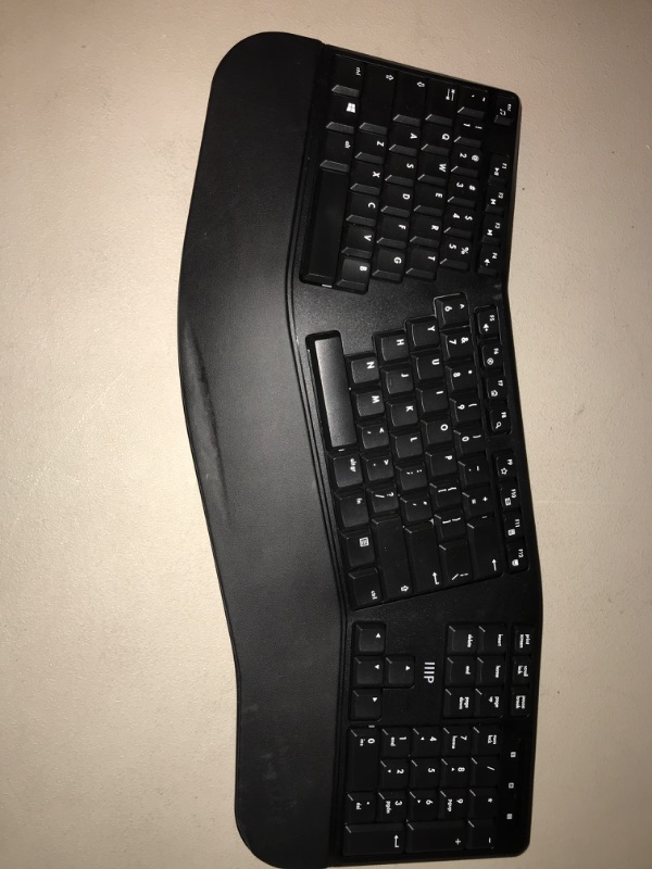 Photo 2 of Monoprice Ergonomic Wireless Split 105-Key Keyboard, 2.4GHz Wireless, 13 Multimedia Hotkeys Functions, Auto?Power Save Mode, Built?in Wrist Cushion Support