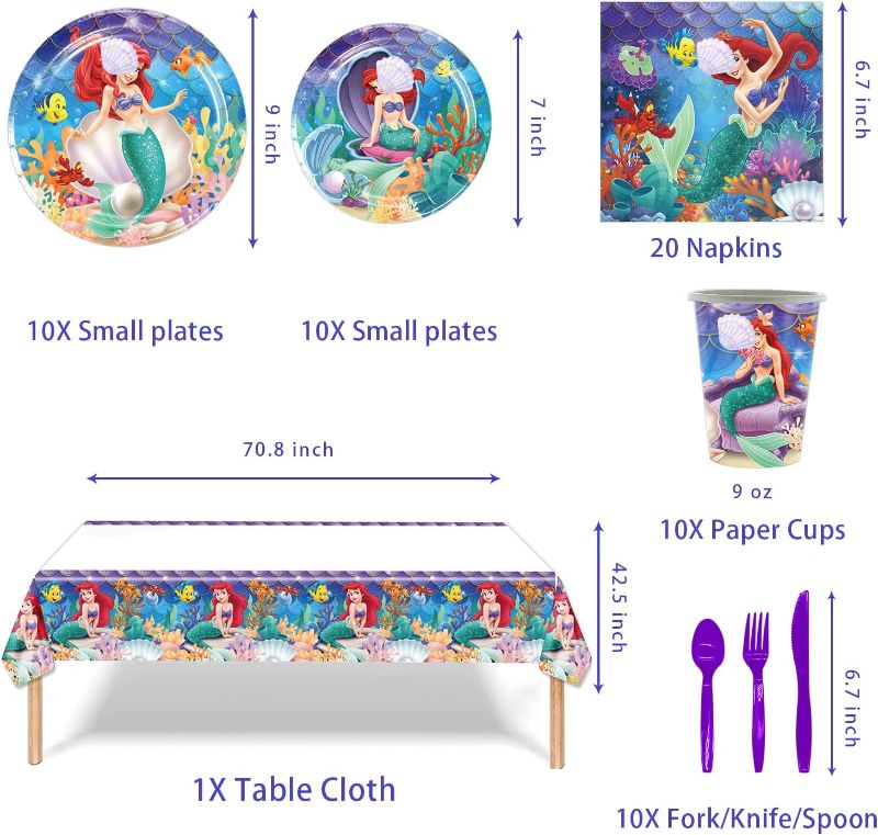 Photo 2 of Mermaid Backdrop Mermaid Birthday Party Supplies include Plates,Cups,Napkins,Forks,Knives,Spoons and Tablecloth Mermaid Party Decoration Sets