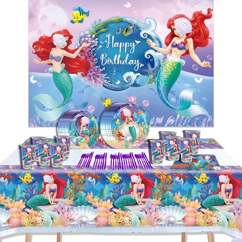 Photo 1 of Mermaid Backdrop Mermaid Birthday Party Supplies include Plates,Cups,Napkins,Forks,Knives,Spoons and Tablecloth Mermaid Party Decoration Sets