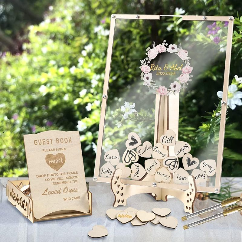 Photo 1 of GUANKE Wedding Guest Book Alternative Acrylic Rustic Wedding Decorations for Reception Weding Guest Book with 80pc Heart Drop Box to Sign Wedding Anniversary Party Gift (Rectangle - Text)