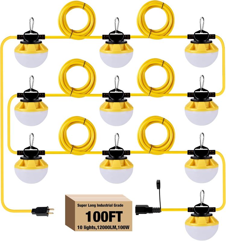 Photo 1 of 100FT Construction String Lights, IP65 Waterproof ETL Certified LED String Work Lights, 5000K Daylight 18AWG Wire Linkable Temporary Construction Lights for Jobsite with 10 Bulbs & Hooks