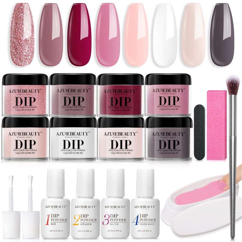 Photo 1 of AZUREBEAUTY 18Pcs Dip Powder Nail Kit Starter, 8 Colors Clear Nude Pink Glitter All Season Dipping Powder System Essential Liquid Set with Top/Base Coat for French Nail Art Manicure DIY Salon