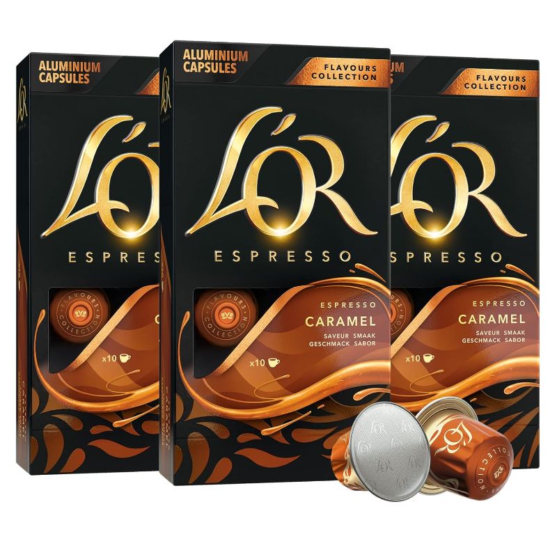 Photo 1 of L'OR Espresso Capsules, 30 Count Caramel, Single-Serve Aluminum Coffee Capsules Compatible with the L'OR BARISTA System & *Nespresso Original Machines