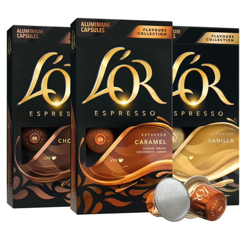 Photo 1 of L'OR Espresso Capsules, 30 Count Variety Pack Vanilla/Chocolate/Caramel, Single-Serve Aluminum Coffee Capsules Compatible with the L'OR BARISTA System & *Nespresso Original Machines